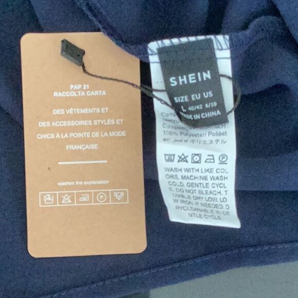 SHEIN NEW FRENCHY FRILLED NECK FLOUNCE SLEEVE BLOUSE TOP NAVY BLUE LARGE - Picture 7 of 7